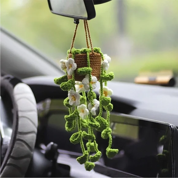 Handmade Woven Daisy Flower Plant Vine Pot Knit Car Mirror Hanging Accessory - Picture 3 of 6
